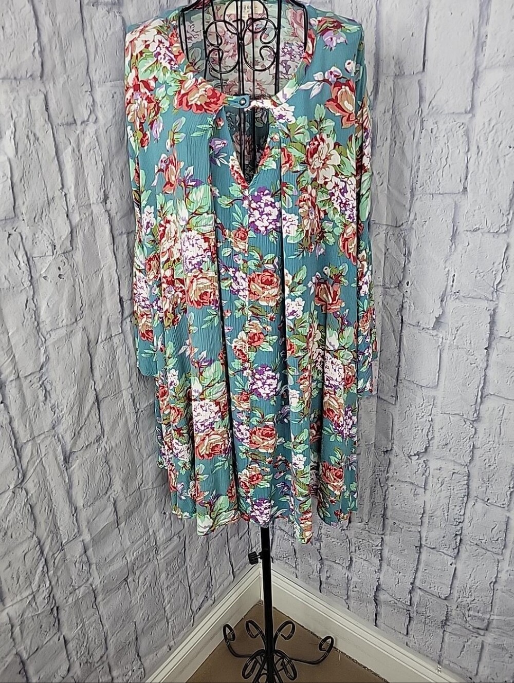 Umgee 1XL Teal Floral Long Sleeve Boho Shift Mini Dress